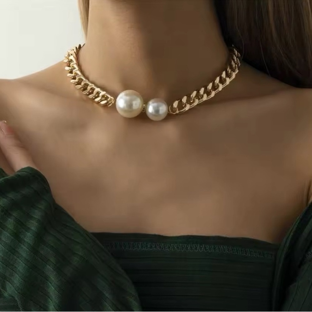 New! Vegan Pearl Gold Chain Statement Necklace (4569) NWOT